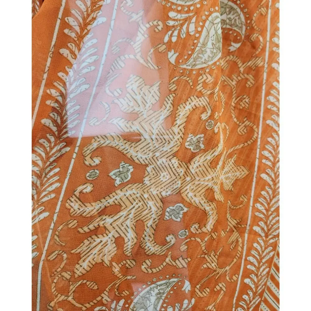Orange White Floral Print Long Scarf Lightweight Soft Flowy Sheer